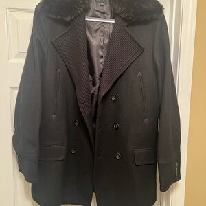 Elegant Black Double-Breasted Pea Coat with Fur Collar